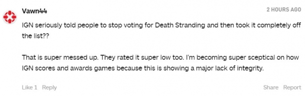Death Stranding лидировала в голосовании за игру года на IGN. Затем оно пропало с сайта