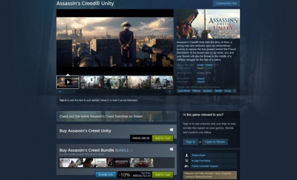 Assassin's Creed: Unity стоит в азиатском регионе Steam пять миллионов рублей