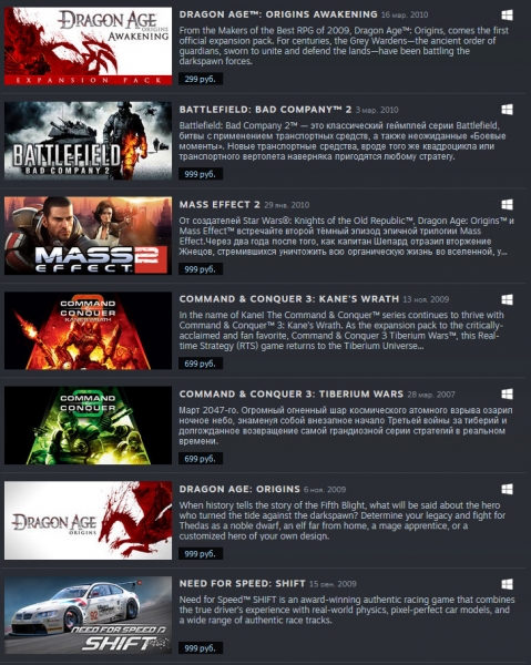 Игры EA значительно подорожали в Steam. Десятилетние Mass Effect 2 и Bad Company 2 стоят 1000 рублей