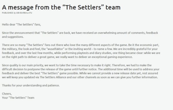 Перезапуск The Settlers перенесли. У игроков возникло слишком много вопросов к разработчикам